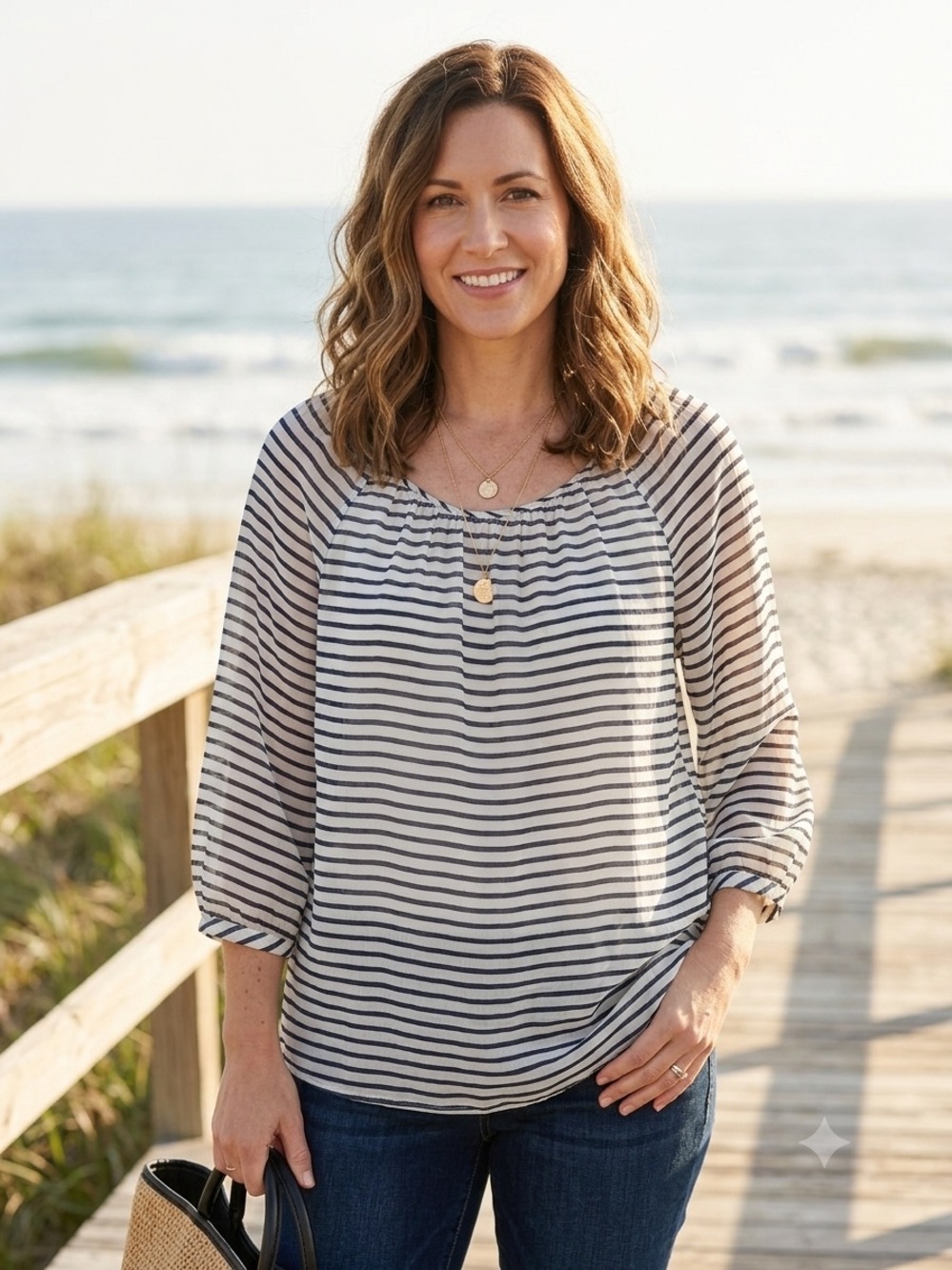 Chico's Striped Sheer Chiffon Peasant Blouse